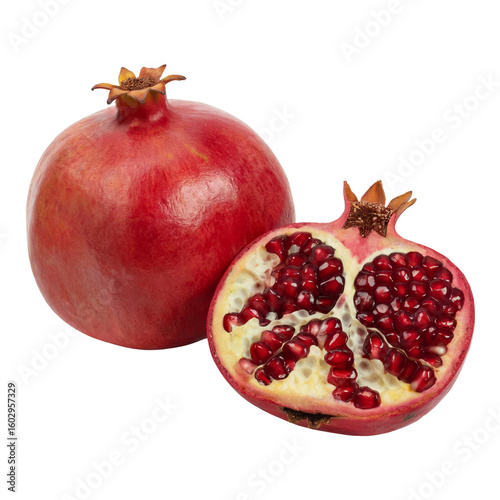 whole and halved pomegranate isolated on white, fresh red pomegranate with seeds, studio fruit photography
