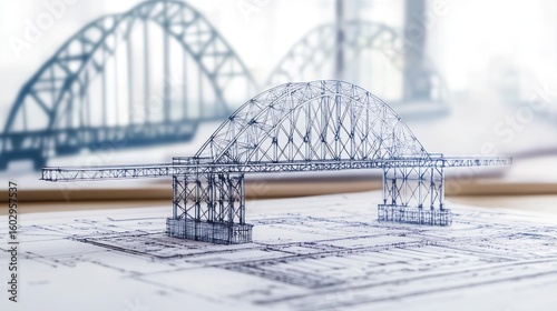 A bridge engineering blueprint with structural calculations in the background.