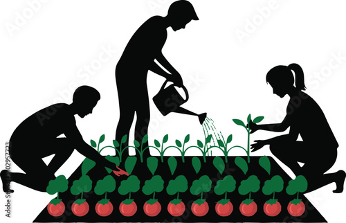 People working in vegetable garden silhouette vector illustration design
