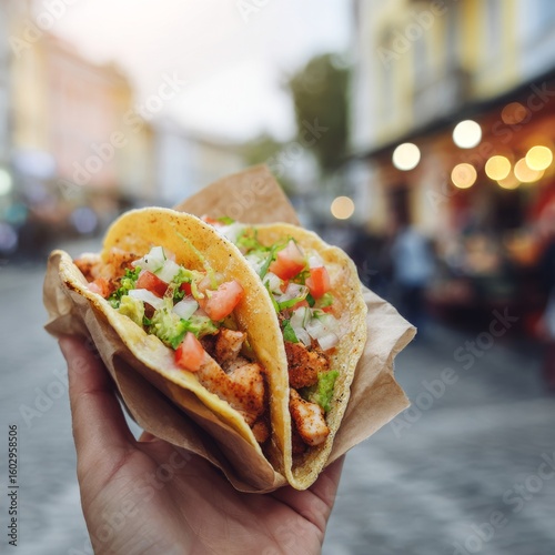 Hand Holding Delicious Chicken Taco with Fresh Ingredients in Outdoor Setting