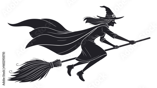 Flying witch on broomstick – black and white Halloween outline icon