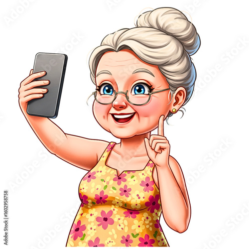Elderly woman taking a selfie joyfully with a smartphone, wearing a floral dress and smiling
