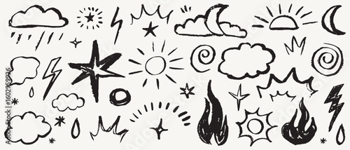 Chalk kid cloud weather symbols set. Vector illustrations of stars, clouds, moon, sun, and thunder isolated for travel blog, meteorology forecast in crayon, charcoal or chalk style. Weather scribble.