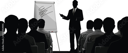A business professional giving a presentation to an attentive audience during a meeting