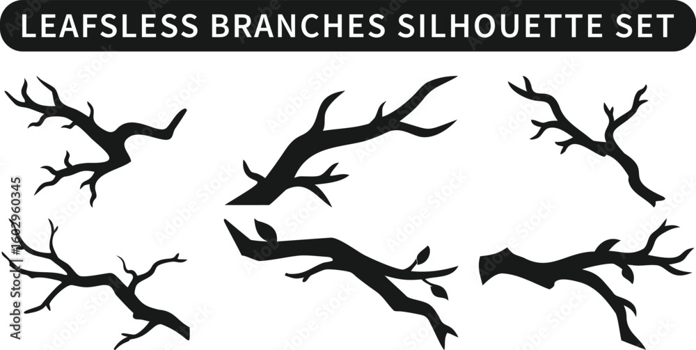 Leafless Branches Silhouette Vector Set – Bare Tree Limb Clipart for Winter, Spooky Forest, and Nature Scene Designs Leafless Branches Silhouette Vector Set – Bare Tree Limb Clipart for Winter, Spooky Forest, and Nature Scene Designs