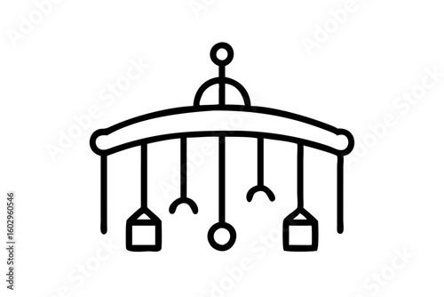 Baby Crib Icon – Flat Design of Infant Bed with Hanging Toys