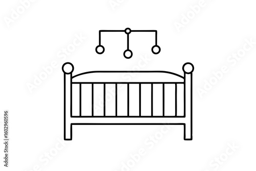 Baby Crib Icon – Flat Design of Infant Bed with Hanging Toys