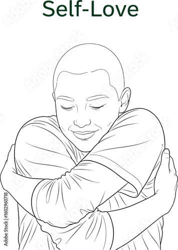 Line art illustration showing a person embracing themself, symbolizing self-love and acceptance, perfect for mental health awareness and wellness campaigns, with a minimalist design.