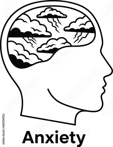 Conceptual design illustrates anxiety with a head silhouette filled with stormy clouds and lightning, symbolizing mental health challenges and emotional distress.