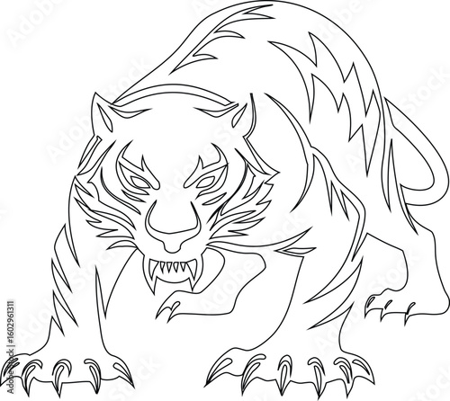 Line Art Silhouette of Crouching Tiger with Fierce Expression
