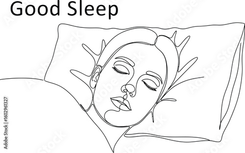 A serene line art illustration showcases a woman sleeping peacefully on a pillow, conveying relaxation, rest, and the concept of good sleep in a minimalist style.