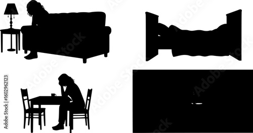Silhouette of a frustrated woman sitting at home in the dark suffering from depression

