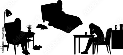 Silhouette of a frustrated woman sitting at home in the dark suffering from depression
