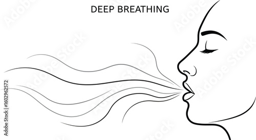 Elegant line art depicts a woman's profile exhaling, symbolizing deep breathing and relaxation, ideal for wellness, mindfulness, and health-related designs with a clean, minimalist aesthetic.