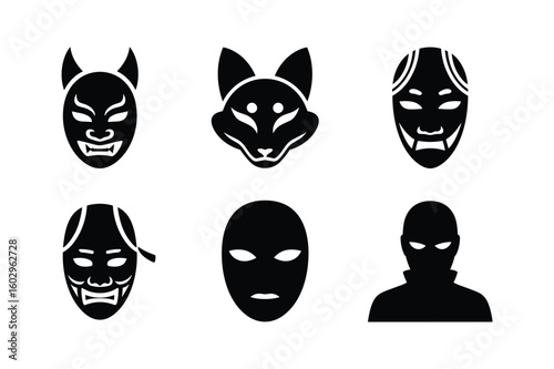 Black masks including demon fox and human faces vector