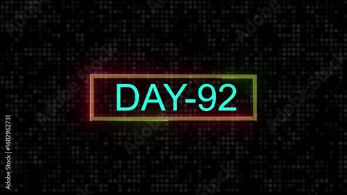DAY 92. Day Text Animation Videos On Black Background. 92. Day To Go neon white Logo Animation Videos. text animation with white font against a solid black background centered ...