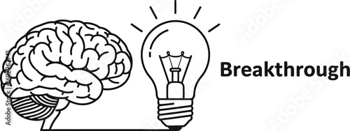 Conceptual illustration showcasing a brain connected to a lightbulb, symbolizing a breakthrough idea, innovation, and the power of creative thinking in a minimalist design.