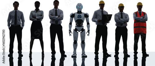 A diverse group of professionals including a robot standing together in a line representing the future of the workforce