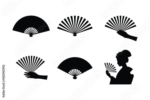 Black silhouette fans held by hands and person white