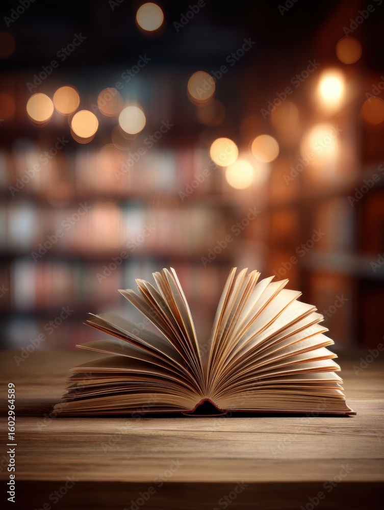 Fototapeta premium Open book resting on a wooden surface in a library setting.