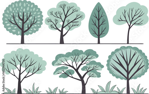 Stylized watercolor illustrations of thirty spring trees and shrubs with simple outlines arranged in rows on a white background

