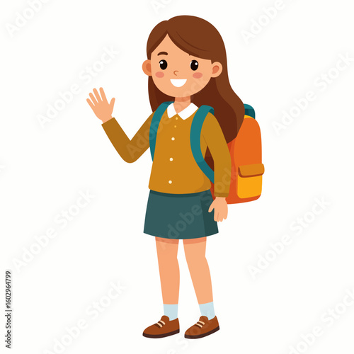 A smiling schoolgirl waving with a backpack, ready for school.