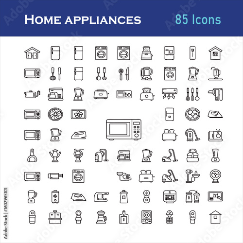 Household Appliance Iconography: A comprehensive collection of clean and modern line-drawn icons showcases various household appliances.