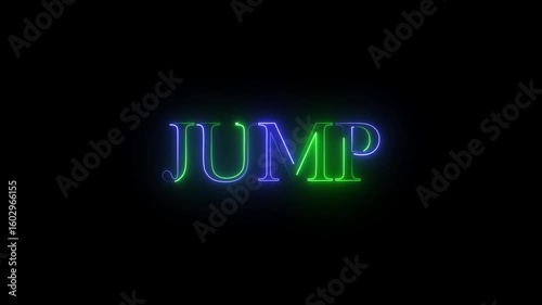 Glowing neon lines JUMP text animation on black background. 