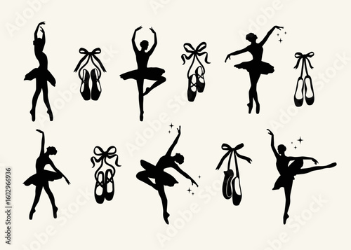 Ballerina and ballet shoes silhouette. Ballerina shoes with ribbon and bow. Isolated on white