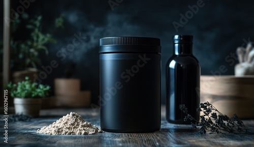 A stylish composition of black containers with protein or gainer on a dark background, with textures and tones that emphasize the elegance of the minimalist design of sports nutrition.	