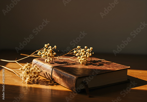 Leather Bound Journal with Dried Flowers on Wooden Desk | Vintage Style Diary for Creative Writing, Personal Reflections, and Nostalgic Inspiration