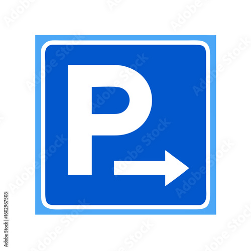 Blue "P" parking sign with a white right-facing arrow indicating direction.
