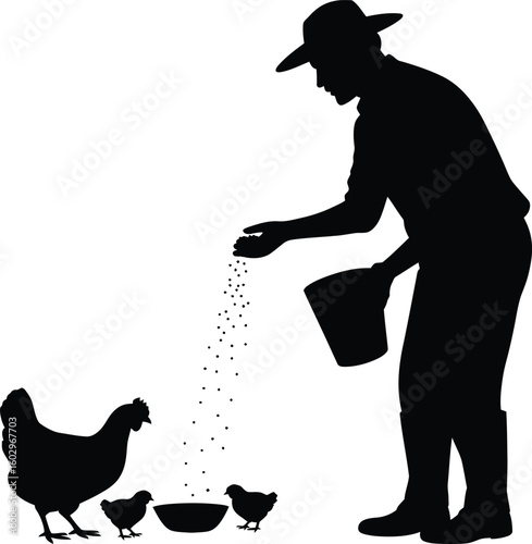 Silhouette of Farmer Feeding Chickens from Bucket with Grain Vector Illustration