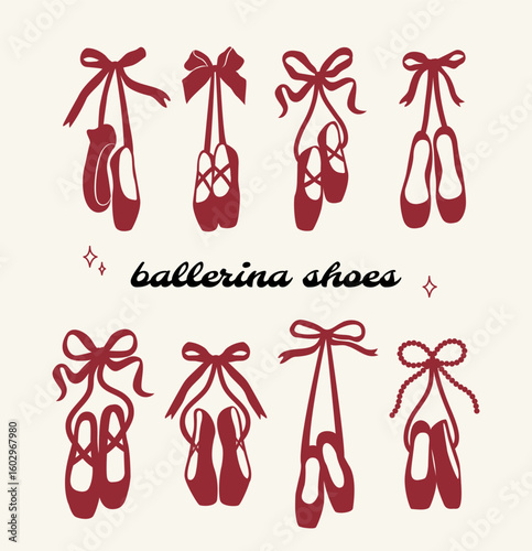 Ballerina shoes icons. Trendy coquette ballet shoes with ribbon and bow. Hanging ballerina shoes. 