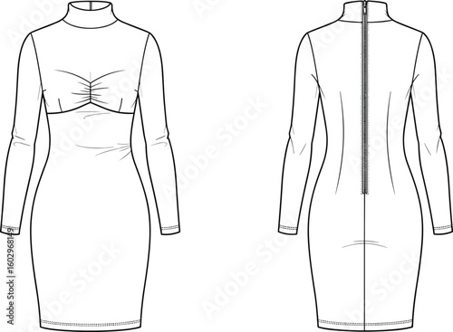 CAD drawing flat vector illustration of bodycon dress with ruched bust, high neck, long sleeves, back zipper, technical sketch