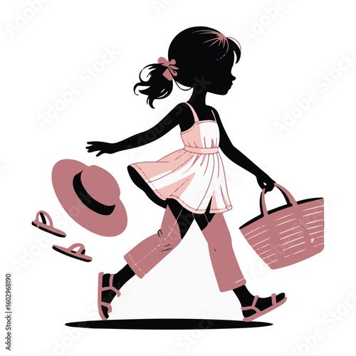 Collection of feminine fashion and accessory illustrations, girl with shopping bags vector design