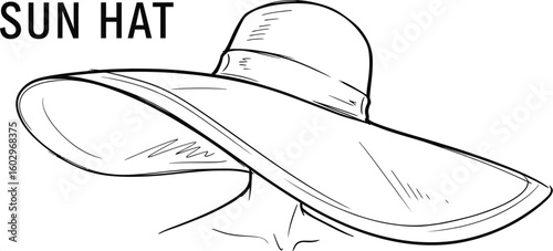 Elegant sun hat sketch showcases a stylish summer accessory, perfect for fashion illustrations, beachwear designs, or vacation-themed graphics with a touch of sophistication.