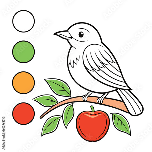 A bird eating an apple on a branch isolated on white background