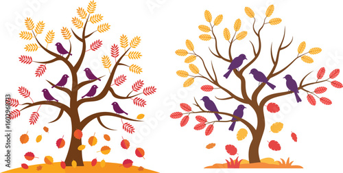 Autumn trees with birds vector illustration set. Stylized seasonal fall scene with colorful falling leaves for decorative cards and nature-themed designs.
