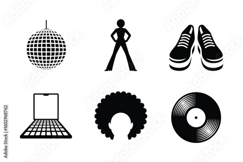 Disco ball afro dancer sneakers laptop vinyl record silhouette