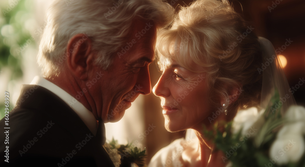 Obraz premium An elderly couple shares a heartfelt moment during their wedding ceremony, joyfully exchanging glances amidst a beautiful arrangement of white flowers, capturing the essence of love and celebration.