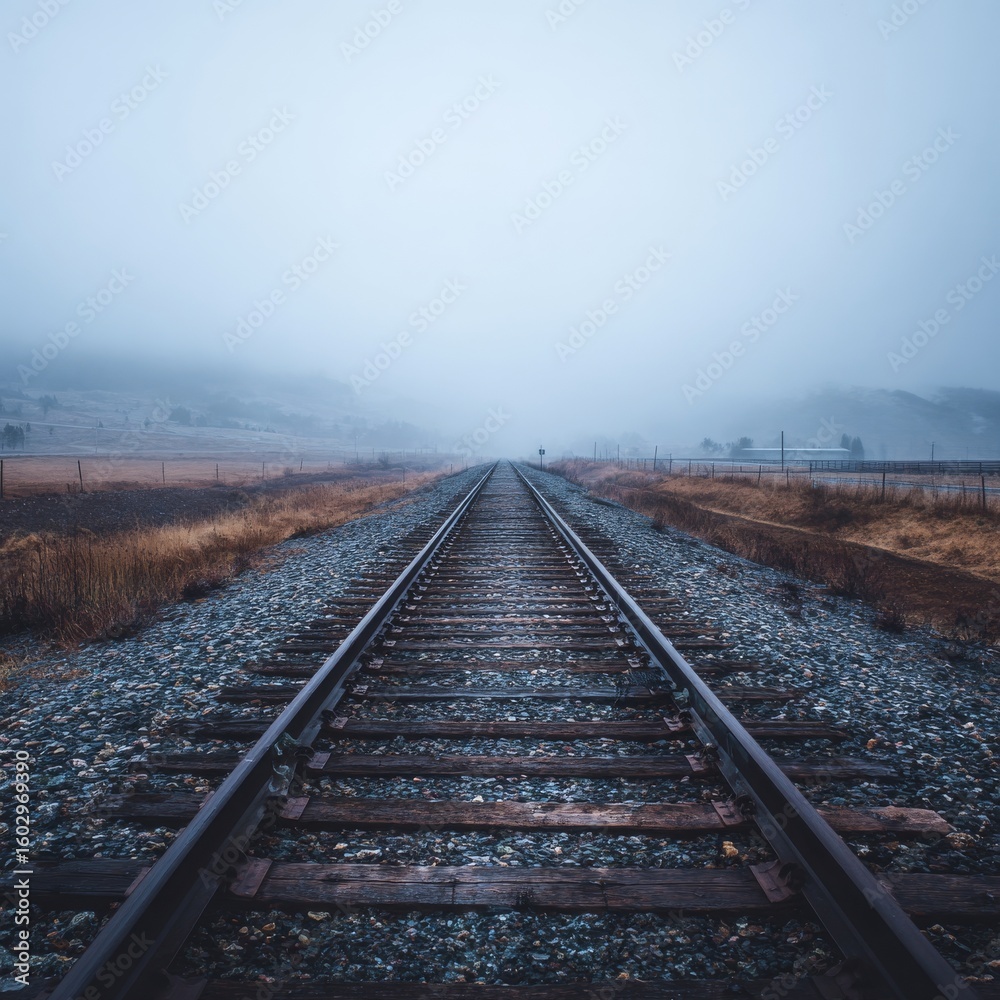 Fototapeta premium Tranquil Railroad Tracks Leading into Foggy Landscape at Dusk