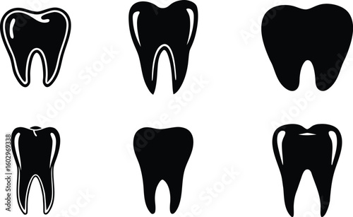 healthy tooth silhouette vector, tooth line art icon set.