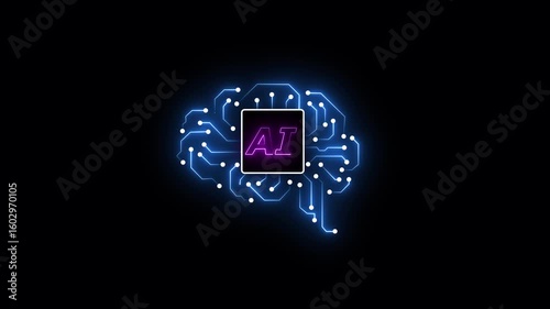 Abstract digital brain illuminated by neon blue circuit lines and a central ai logo glowing purple