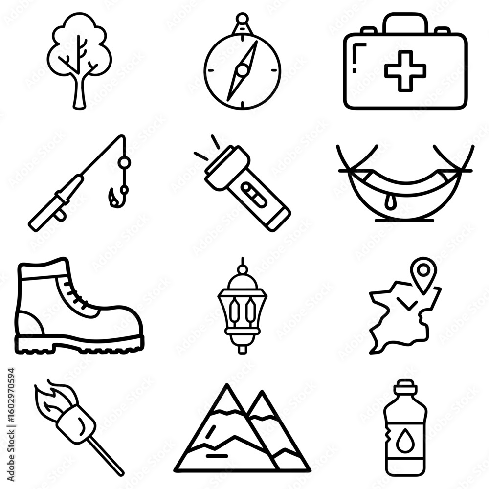 Fototapeta premium Collection of camping and outdoor adventure icons including compass tree mountains and more items for travel