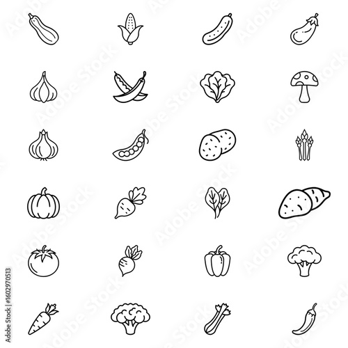 Collection of twenty four different types of vegetables in black outline style on a white background