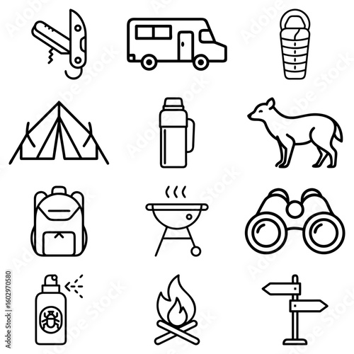 Collection of camping and outdoor adventure icons including a tent camper and various supplies and tools