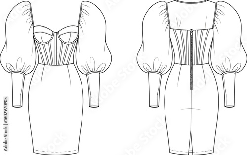 CAD drawing flat vector illustration of corset bodycon dress with puff long sleeves zipper back front and back technical sketch
