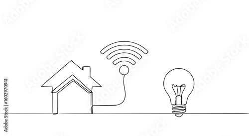 Single line outline vector of a house connected to a light bulb  