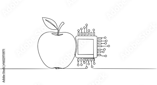 Apple with computer chip symbolizing technology in single line outline vector  